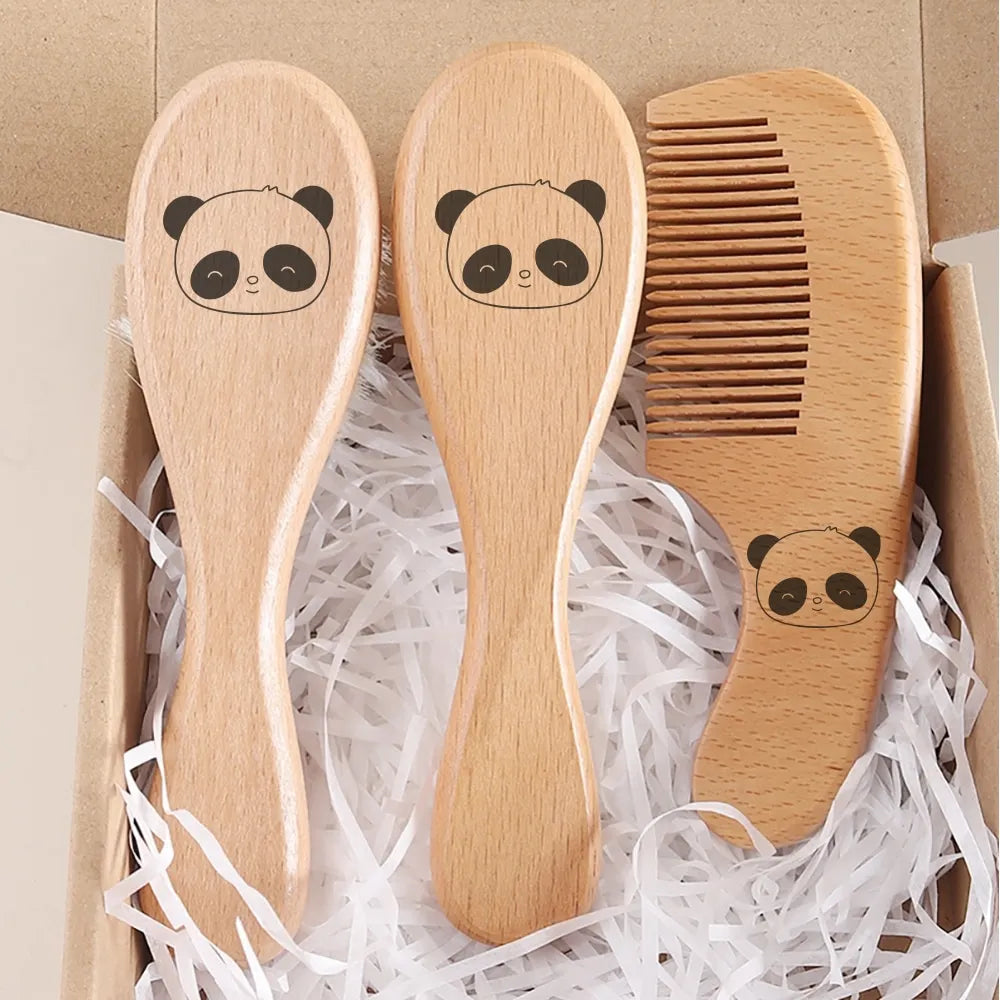 Spazzola per Capelli Neonato con Panda Inciso, in Lana Naturale e Legno, con Cuscino d'Aria, Regalo per Neonato