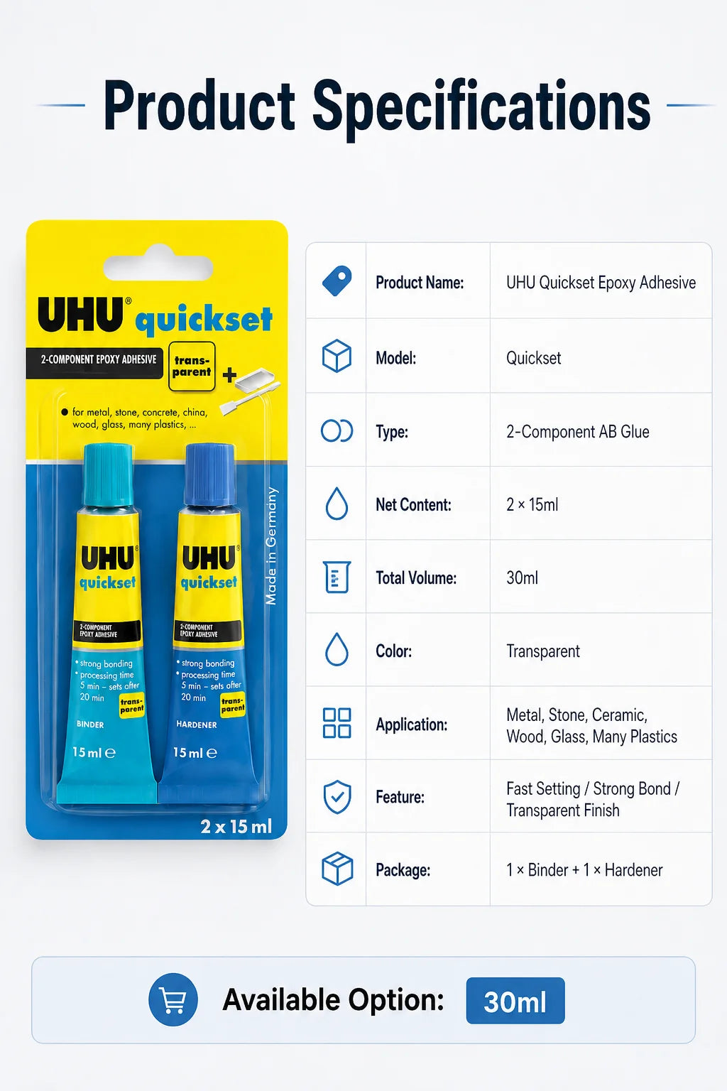 Adesivo Epossidico UHU Quickset 30ml Trasparente Colla Bicomponente AB ad Asciugatura Rapida per Riparazioni di Metallo, Ceramica, Vetro e Plastica