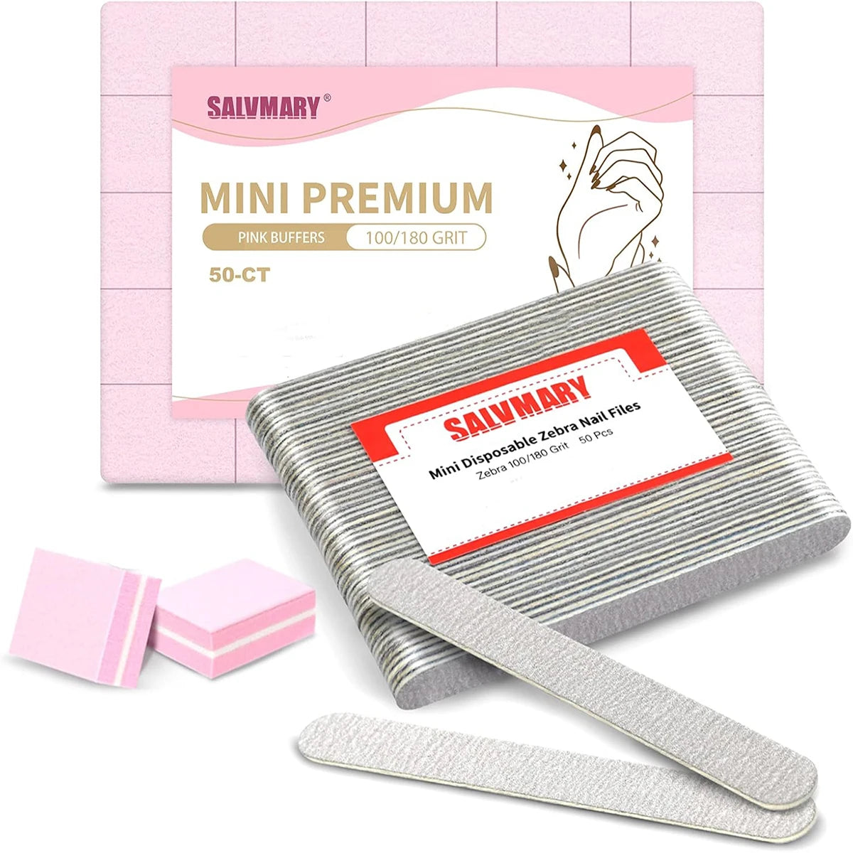 50 pezzi di lime per unghie usa e getta Zebra grana 100/180 e 50 pezzi rosa mini blocchi tamponi per unghie per la cura delle unghie