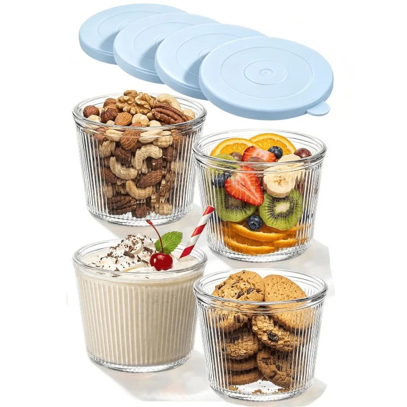 Set di 4/6 Piccole Ciotole in Vetro con Coperchio, Contenitori Impilabili in Vetro Trasparente a Righe per Dessert, Budini, Salse, Salse Piccanti, Noci, Avena, Caramelle, Dolciumi