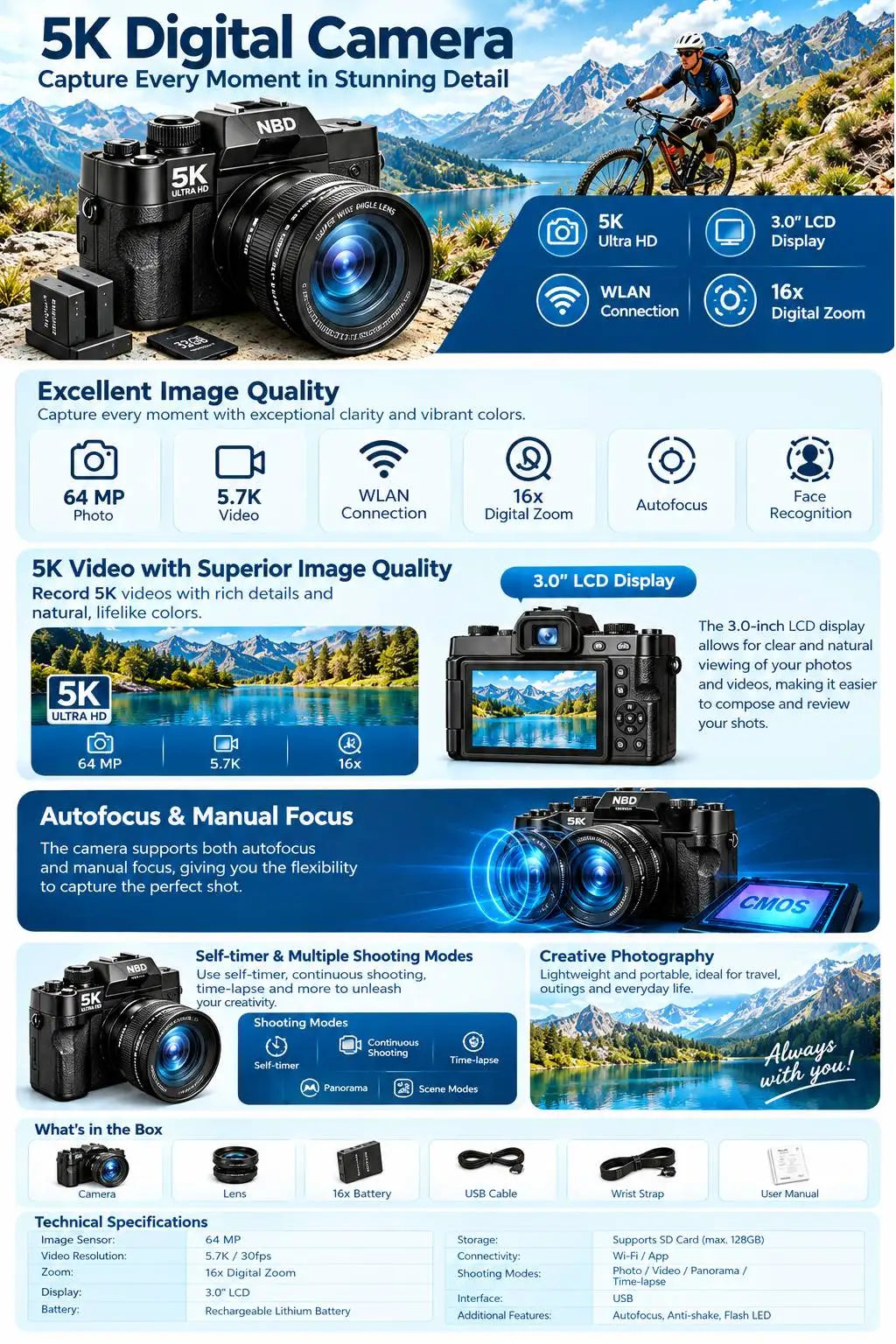Fotocamera digitale NBD 5K 64MP, 180 ° Fotocamera per Vlogging con Schermo Ribaltabile, Anti-Shake, Zoom 16X, WiFi, Scheda TF da 64GB Inclusa