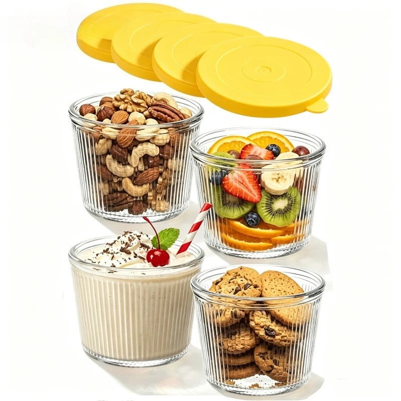Set di 4/6 Piccole Ciotole in Vetro con Coperchio, Contenitori Impilabili in Vetro Trasparente a Righe per Dessert, Budini, Salse, Salse Piccanti, Noci, Avena, Caramelle, Dolciumi