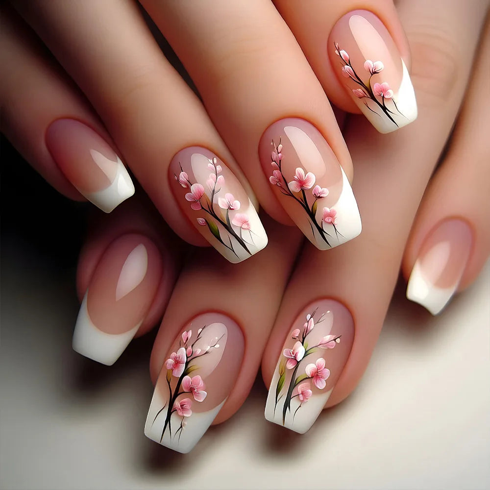 24 pezzi Stampa sulle unghie Design floreale Balletto di media lunghezza Unghie finte Moda Marrone Copertura completa Suggerimenti per manicure Set di unghie finte danneggiabili