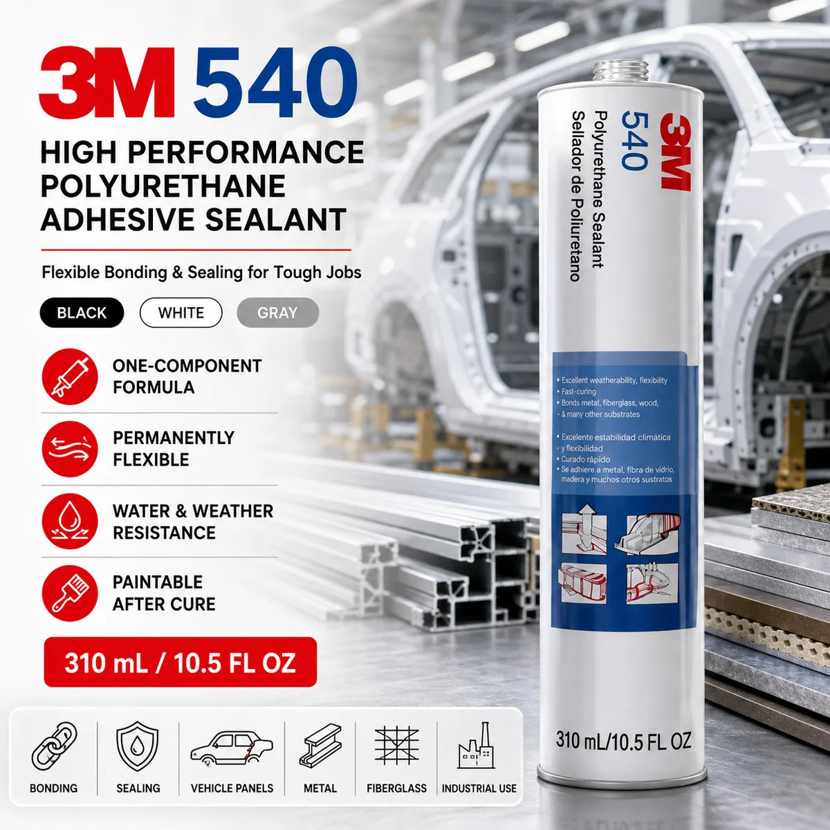 Sigillante Adesivo Poliuretanico Professionale 3M 540 per Pannelli Metallici Automobilistici e Giunti di Costruzione per Meccanici e Appaltatori