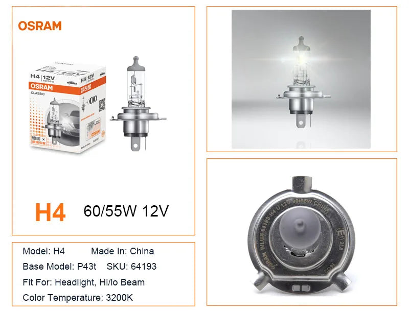 OSRAM H1 H4 H7 12V Faro alogeno per auto Linea originale Pezzi di ricambio 3200K Bianco caldo Lampada autentica Lampadina automatica Made In China 1X