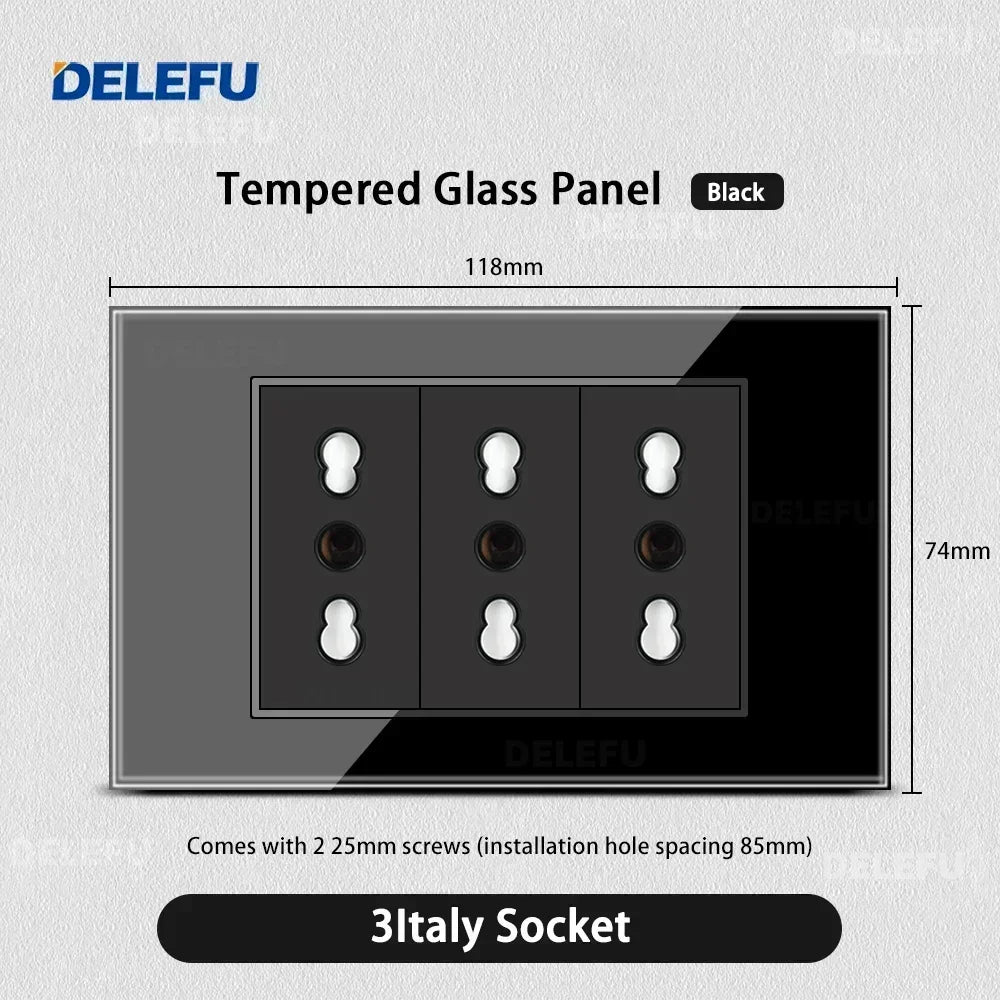 DELEFU Presa a Muro in Vetro Temperato Nero con USB Type-C per Ricarica Rapida, Interruttore Schuko, TV Sat, Telefono, Campanello, Italia/Cile