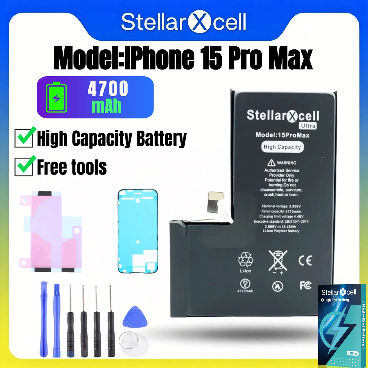 Batteria StellarXcell Ultra per iPhone, Spedita dalla Germania, per iPhone 7 8 X XR XS XSMAX 11 12 13 14 15 Mini Plus Pro Promax, Batteria ad Alta Capacità, Batteria di Alta Qualità, Batteria Sostitutiva per iPhone con Stru
