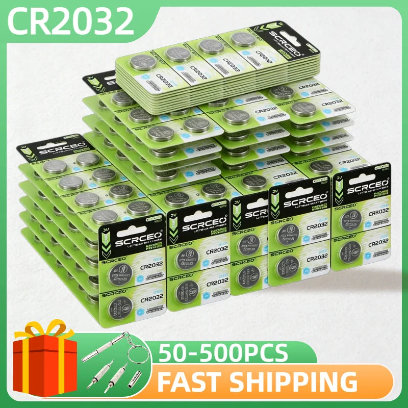 Batteria al litio CR2032 3V da 50-500 pezzi, batteria a bottone CR 2032 per orologi, giocattoli, calcolatrici, telecomandi auto, pile a bottone