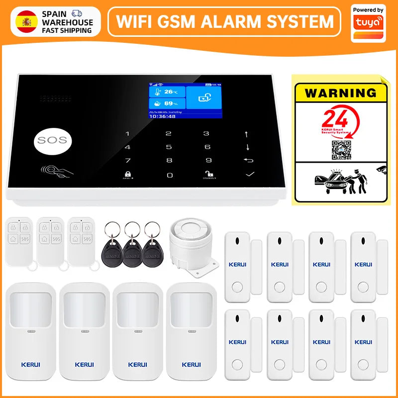 Sistema di Allarme KERUI WIFI GSM con Supporto per 3 Zone Cablate, Allarme Domestico Antifurto Compatibile con Tuya Smart, Sensore PIR 433MHz per Protezione di Sicurezza