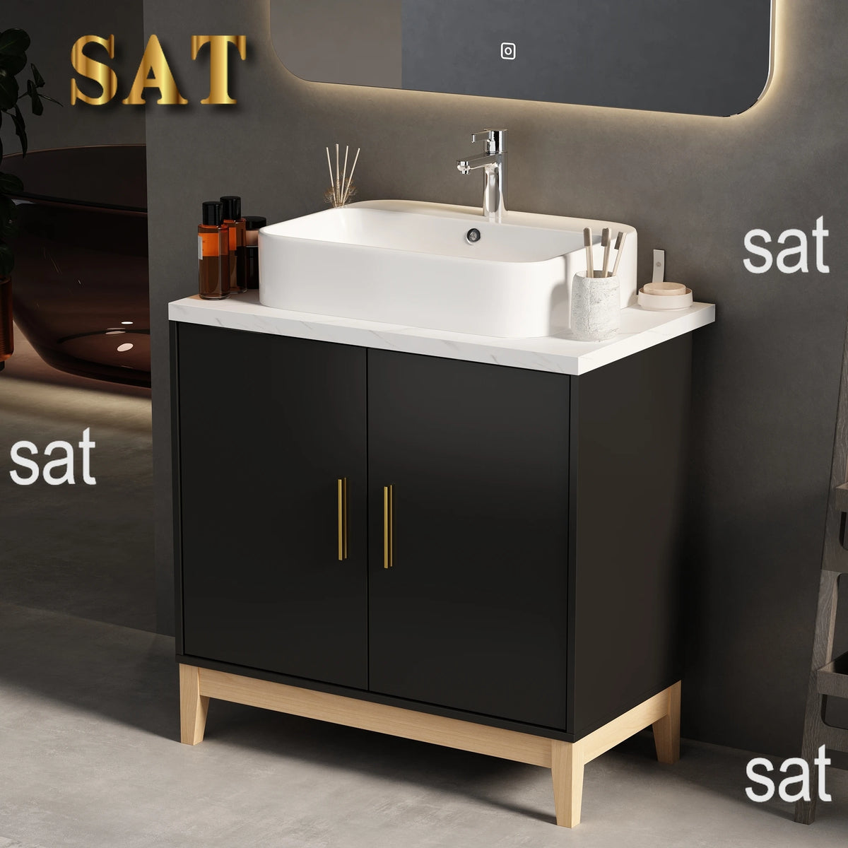 Mobile da bagno moderno con lavabo e 2 ante portaoggetti, mobile lavabo con porta troppopieno e maniglie in metallo, nero