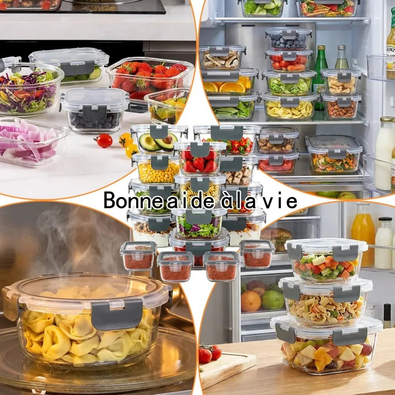 Set di 12+4 Contenitori in Vetro per Alimenti con Coperchi Ermetici, Contenitori Impilabili a Prova di Perdite per Preparazione Pasti, Scatole in Vetro Sicure per Frutta, Verdura, Cibi Cotti, Organizzazione Dispensa