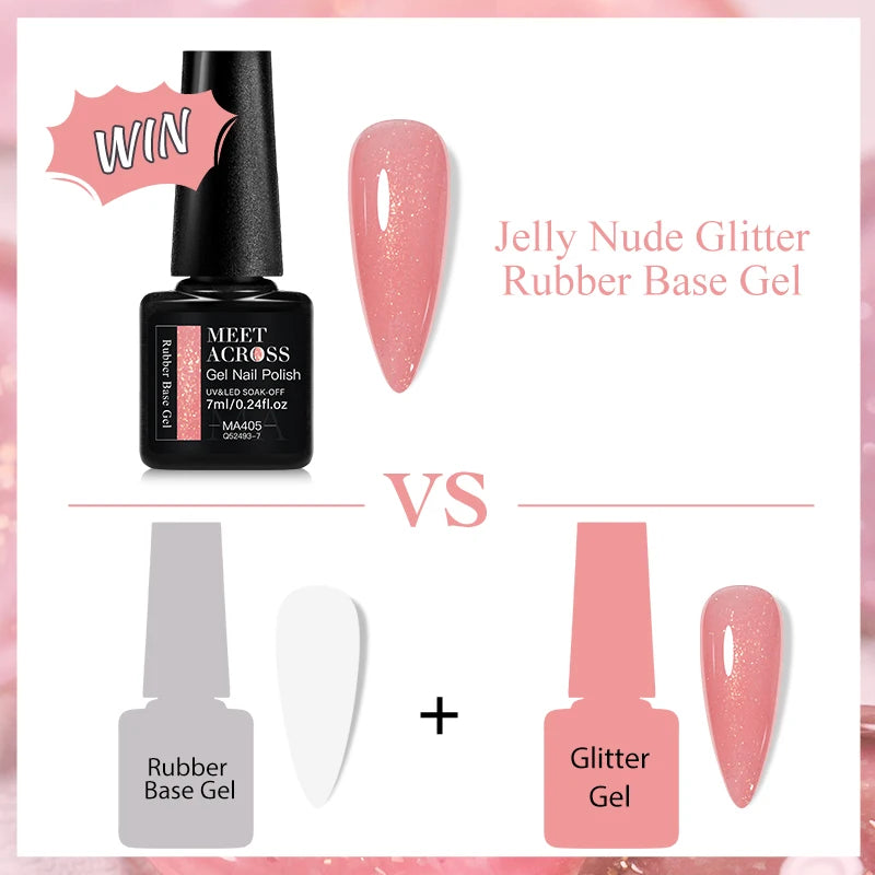 MEET ACROSS 7ml Gelatina Nuda Shimmer Base in gomma Gel Glitter Rosa Viola UV/LED Nail Art Vernis Gel Smalto per manicure Unghie FAI DA TE