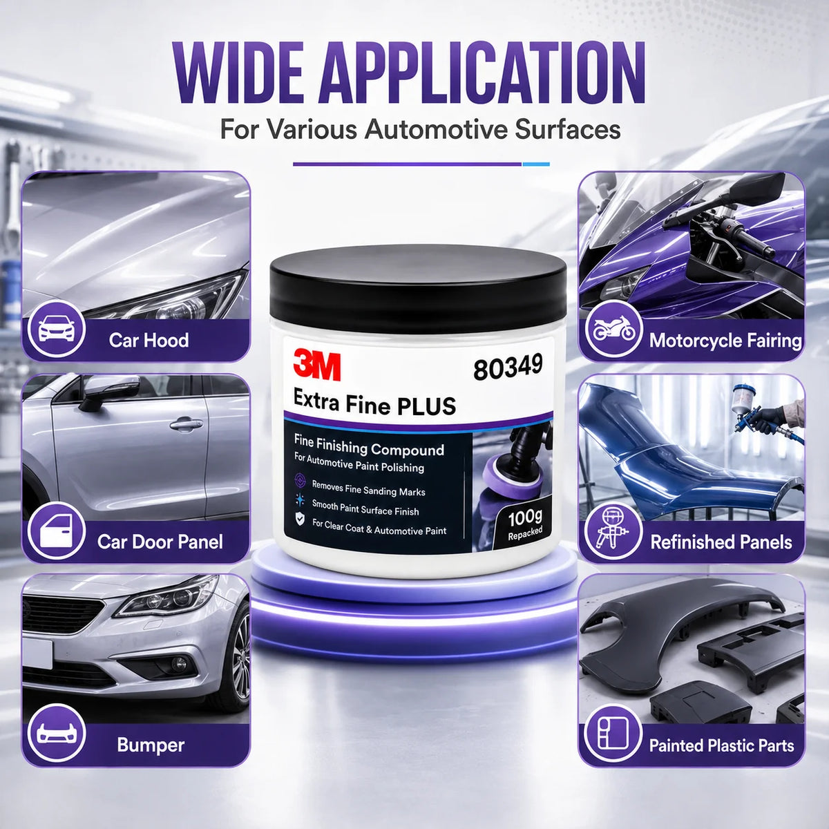 Composto Lucidante Professionale 3M 80349 Extra Fine Plus per Vernice Auto, Rimozione Graffi Sottili, Dettagliatura Finitura Trasparente, 100g Riconfezionato