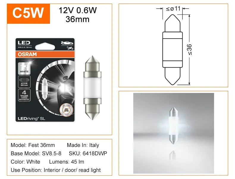 OSRAM LED Festoon 31mm 36mm 41mm C5W Fest LEDriving SL Advance Car 6000K Lampada a luce bianca Porta interna Lettura Lampadina targa