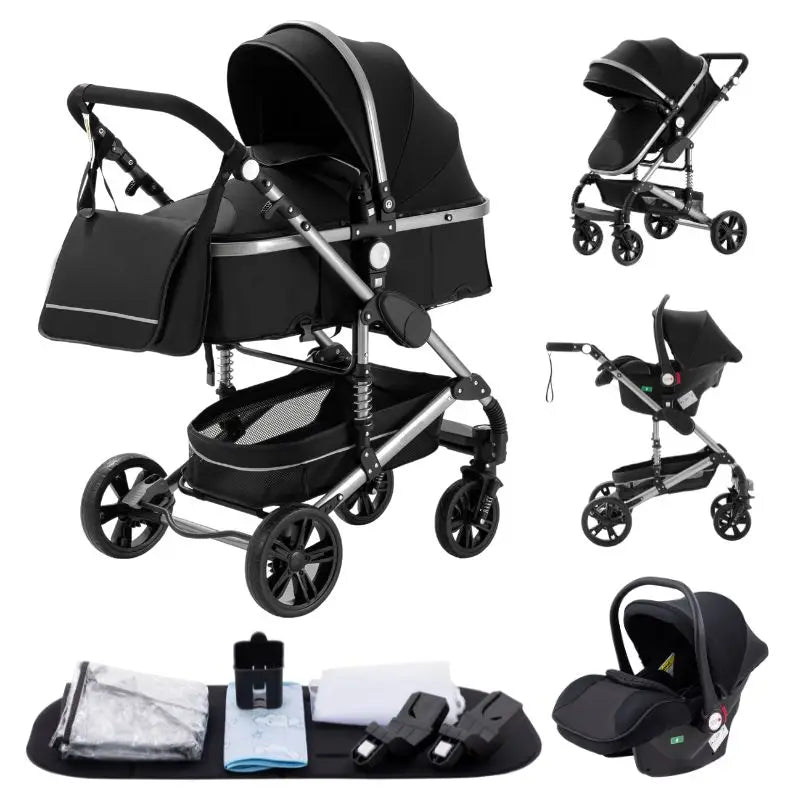 Passeggino 3 in 1 Facile da piegare Telaio in alluminio ad alto paesaggio Passeggino neonato con ruota in gomma per assorbimento degli urti a quattro ruote