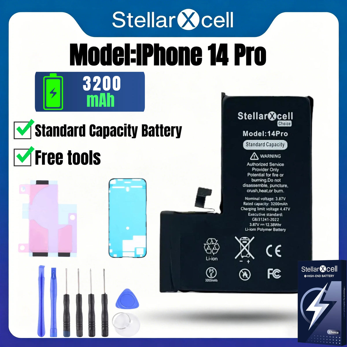 Batteria per iPhone, per iPhone 14 14Pro 14ProMax, Batteria di Capacità Standard, Batteria di Qualità Standard, Sostituzione Batteria iPhone con Strumenti Gratuiti, 0 Cicli, Mostra il 100% della Salute della Batteria
