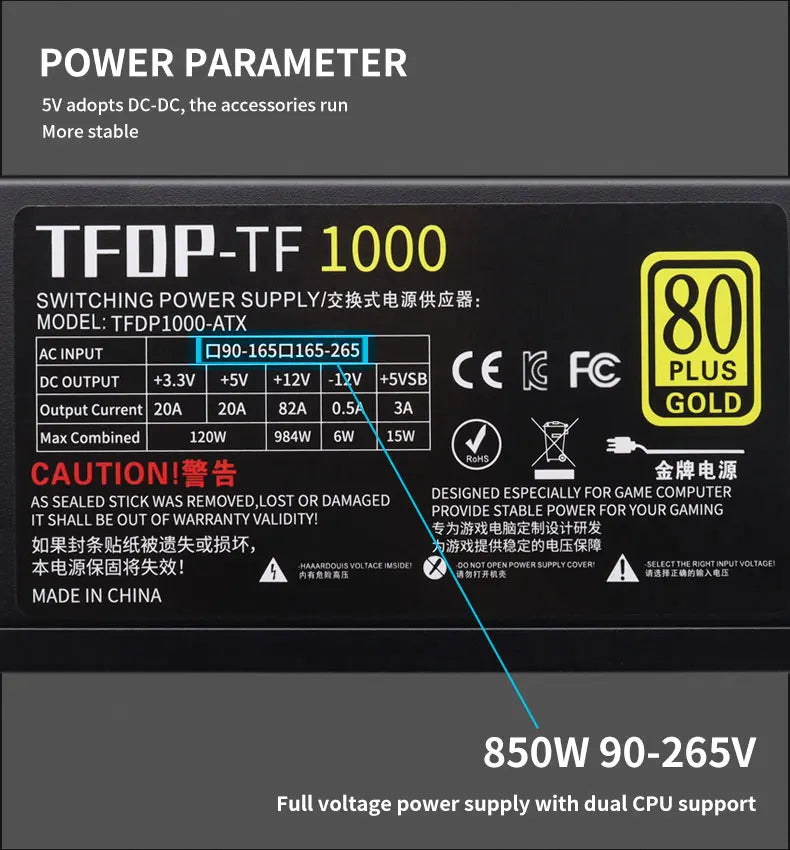 Alimentatore Gaming ATX 1000W 80 PLUS Gold, Non-Modulare, PFC Attivo 110‑230V, Ventola Ultra-Silenziosa da 130mm