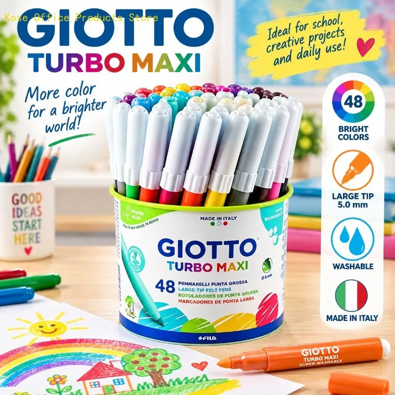 GIOTTO Set da 48 Pennarelli Lavabili con Punta in Feltro Turbo Maxi 5mm, Pennarelli Jumbo per Bambini, Scuola, Casa, Disegno, Colorazione, Set Artistico Creativo