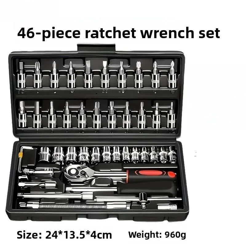 Set di 46 pezzi di chiavi a bussola con cricchetto, in acciaio CR-V, con bussole metriche, punte e prolunghe, per riparazioni auto, fai da te e uso domestico, in valigetta.
