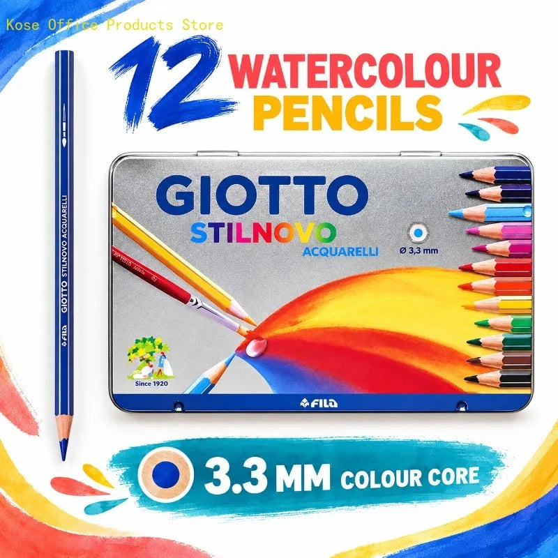 GIOTTO 12 matite colorate per acquerello in una scatola metallica, con mina da 3,3 mm, set per disegno e sfumature dai colori vivaci, ideale per studenti, artisti e appassionati di arte.
