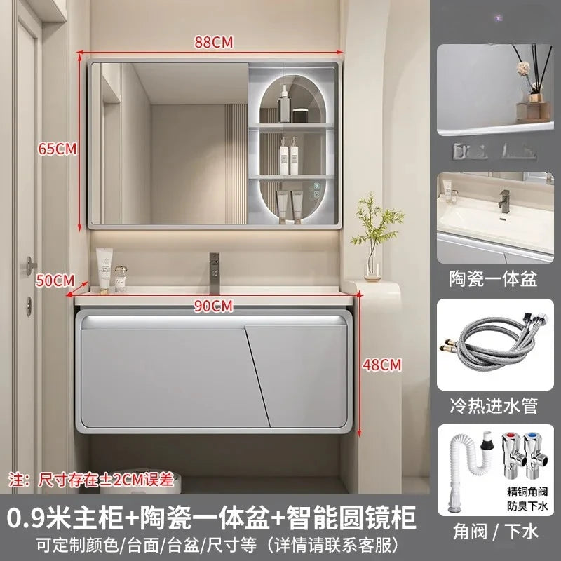 Mobile Bagno Moderno Intelligente con Lavabo Integrato in Ceramica, Armadietti in Rovere, Specchio LED e Mobiletto - Arredamento Bagno