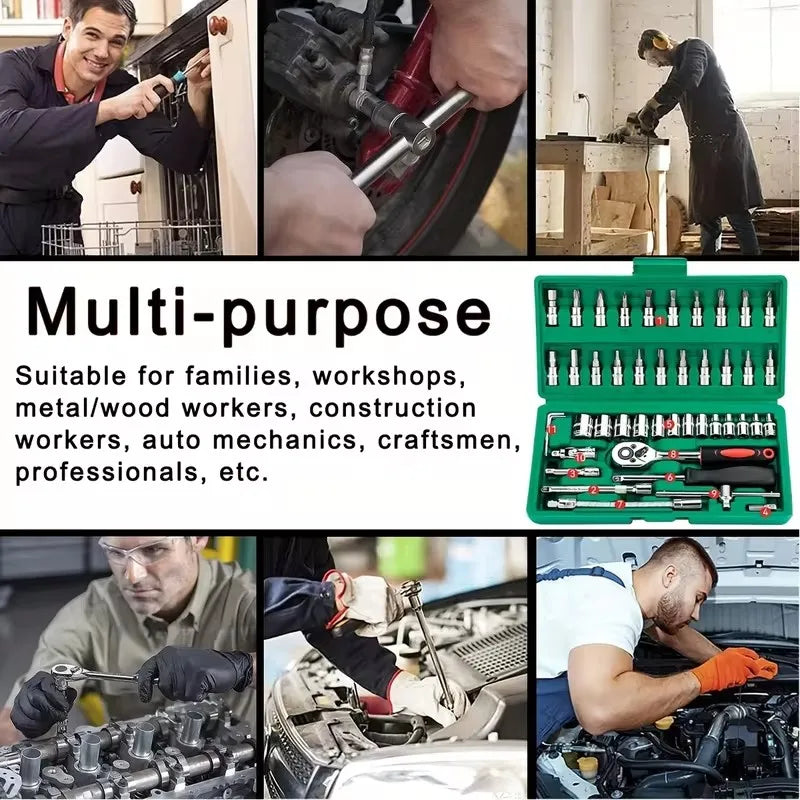 Kit di Riparazione Auto da 46 Pezzi con Attrezzi a Cricchetto Verdi per Manutenzione Veicoli