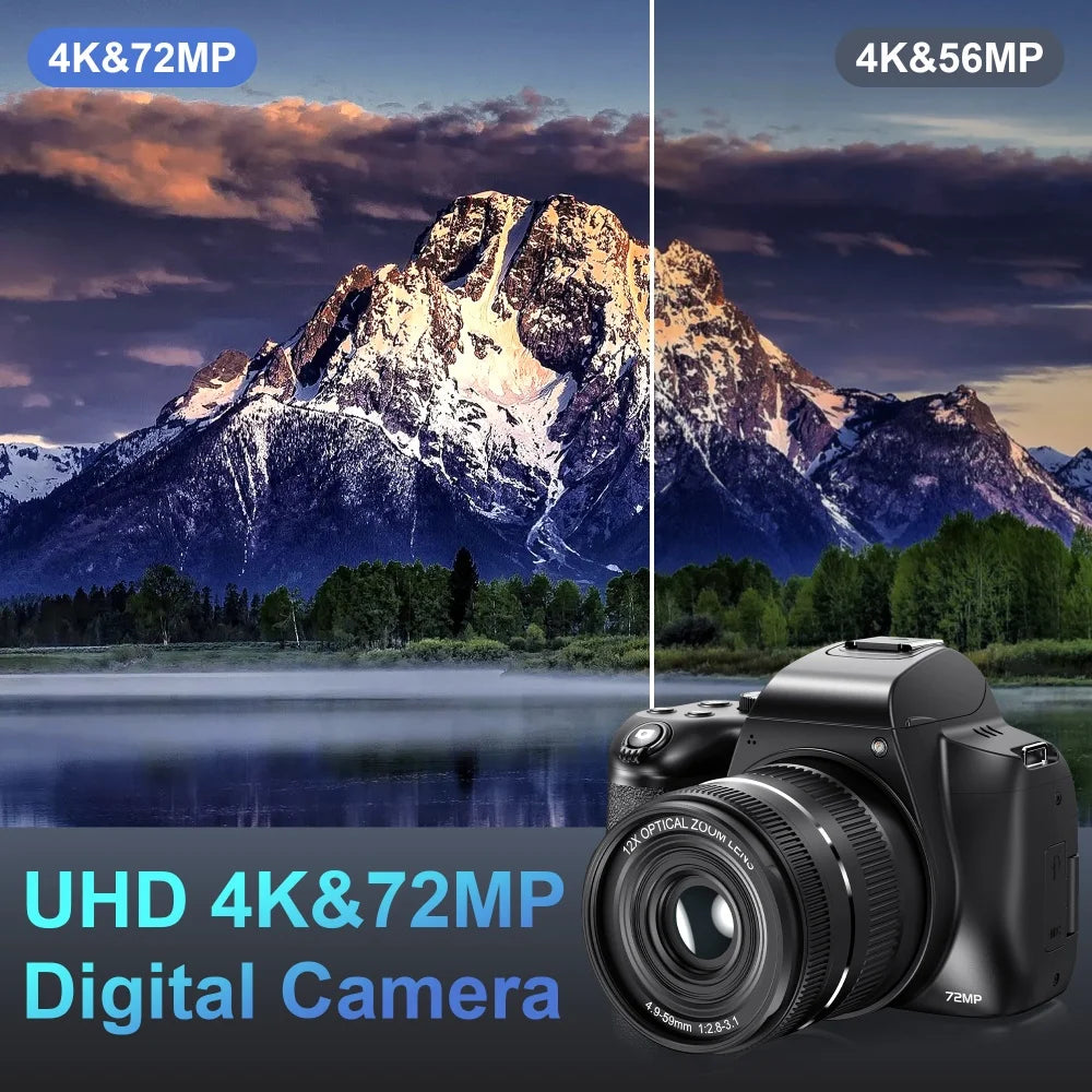 Fotocamera Digitale con Zoom Ottico 12X, 4K, WiFi, HD, 72MP, Avanzata, 270° ° Schermo Ribaltabile Autofocus Principiante/Principiante Selfie Macro