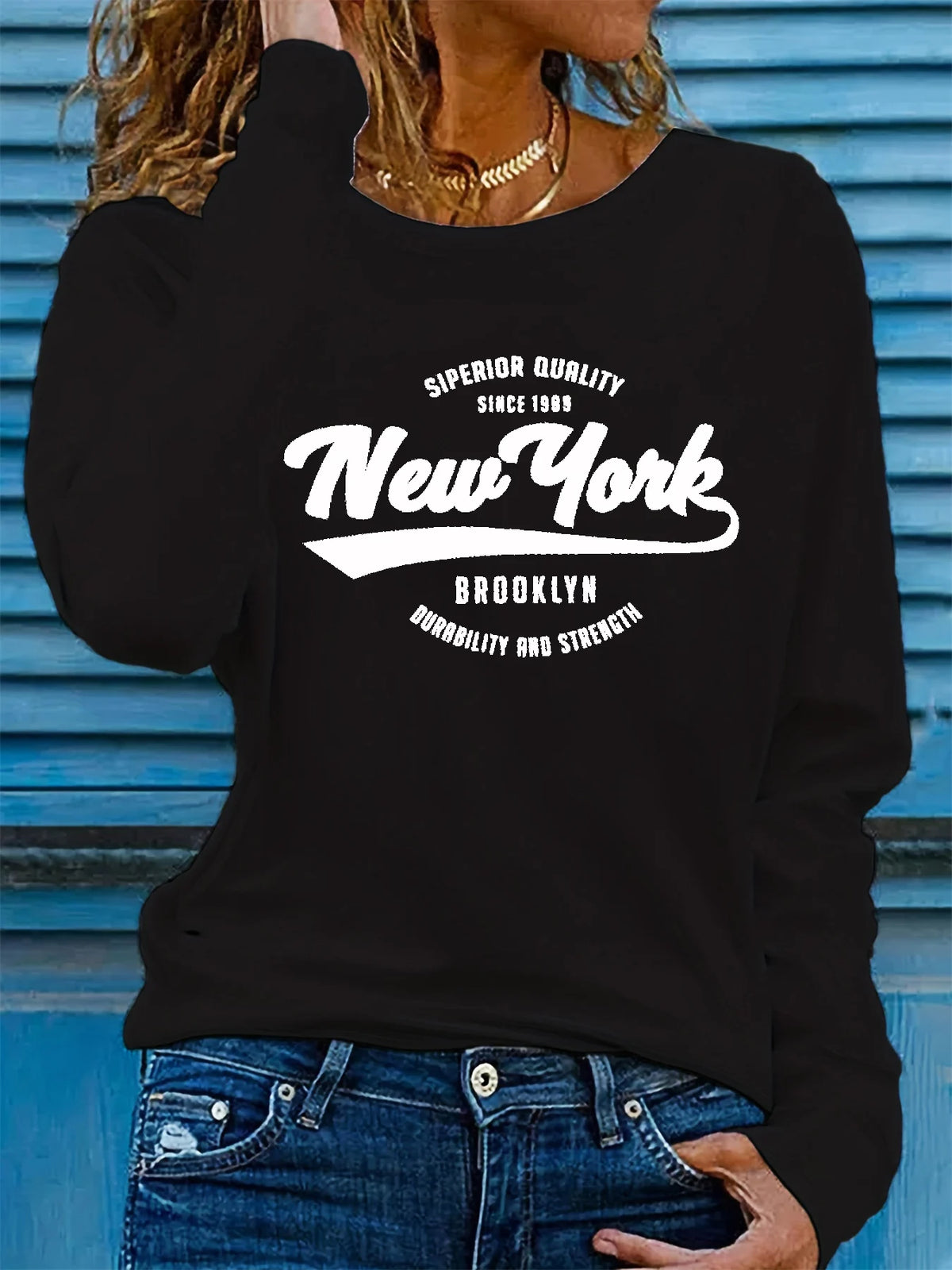 T-shirt da donna in 100% puro cotone, ideale per la primavera e l'autunno, dal taglio ampio e confortevole, con stampa a lettere "NEW YORK", maniche lunghe e scollo rotondo.