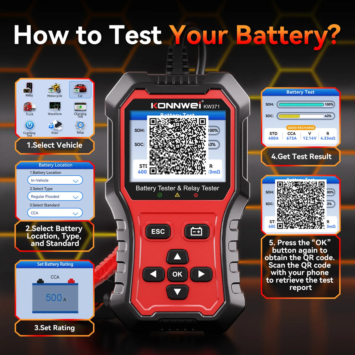 Tester Batteria Auto 2in1 KONNWEI KW371 2026 e Tester Relè a 4 Pin 5 Pin 6V 12V 24V con Stampa Dati Guasto, Test Avvio e Strumento di Scansione Ricarica