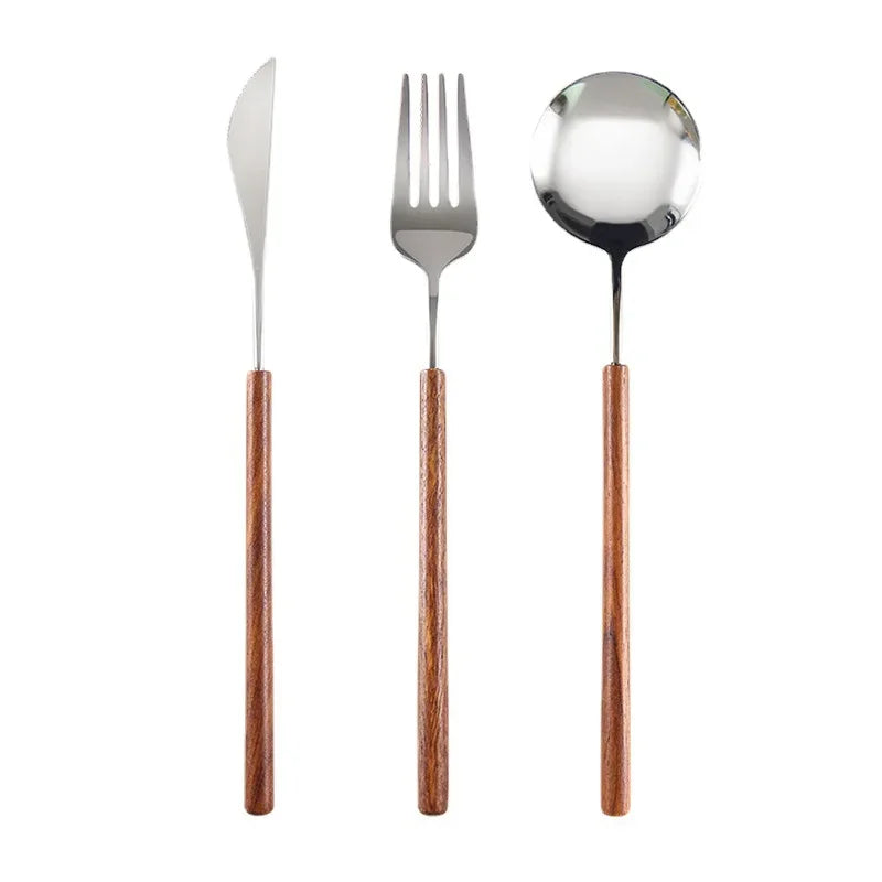 Set di posate di lusso leggero per hotel in acciaio inossidabile con manico in palissandro vintage, coltello da bistecca, forchetta e cucchiaio