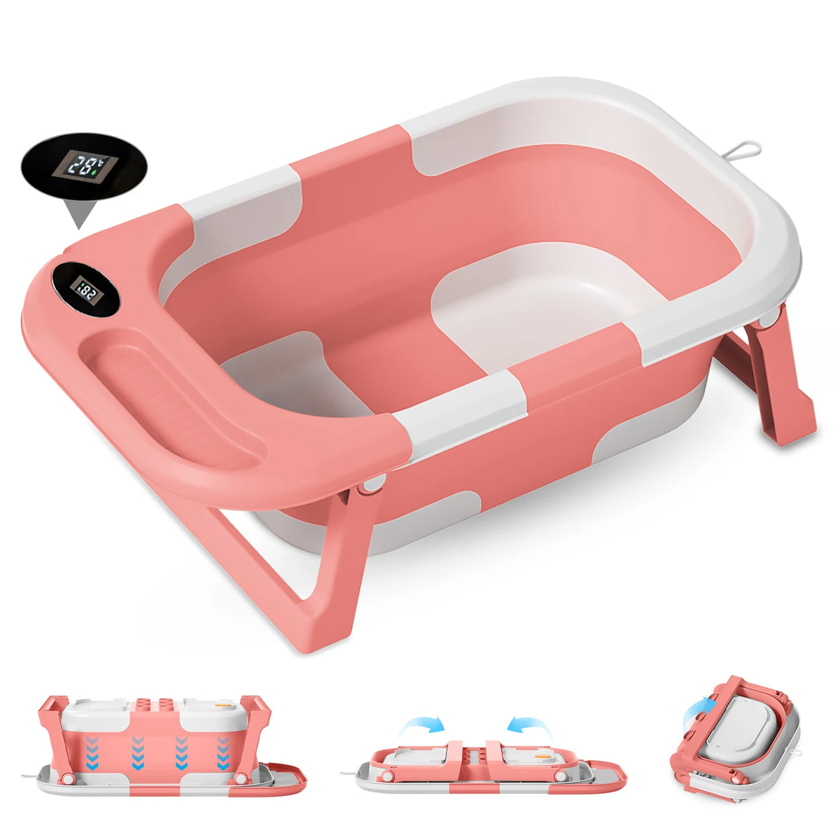 Vasca da bagno per neonati con foro di scarico, pieghevole, con cuscino morbido, portatile da viaggio, antiscivolo integrato
