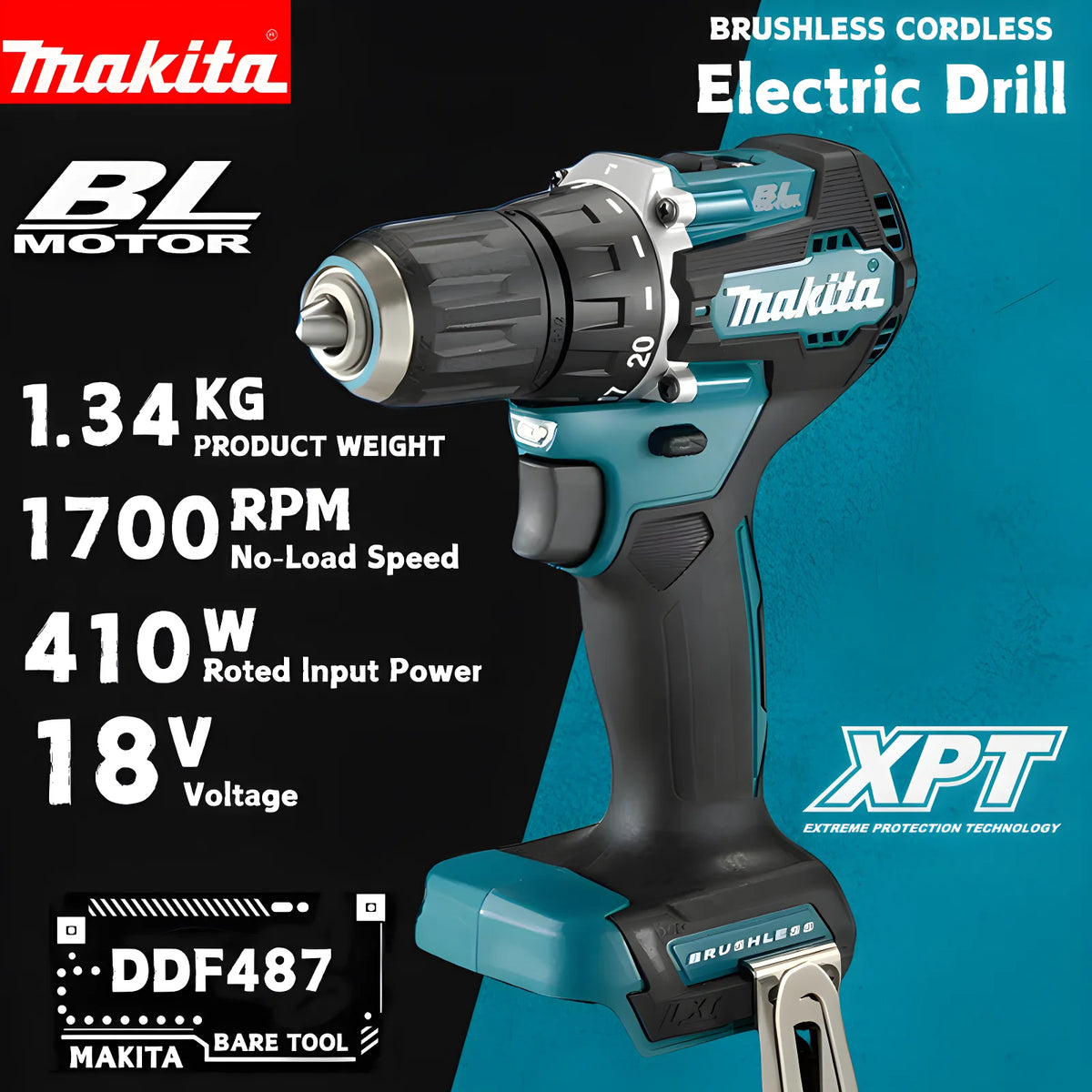 Makita DDF487 Trapano Avvitatore a Batteria 18V Brushless Compatto ad Alta Coppia a Velocità Variabile per Lavorazione del Legno Compatibile con Batterie Makita