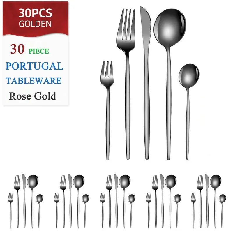Set di posate dorate da 30 pezzi in acciaio inossidabile, coltelli, forchette, cucchiai, set di stoviglie per banchetti, ristoranti e ospiti