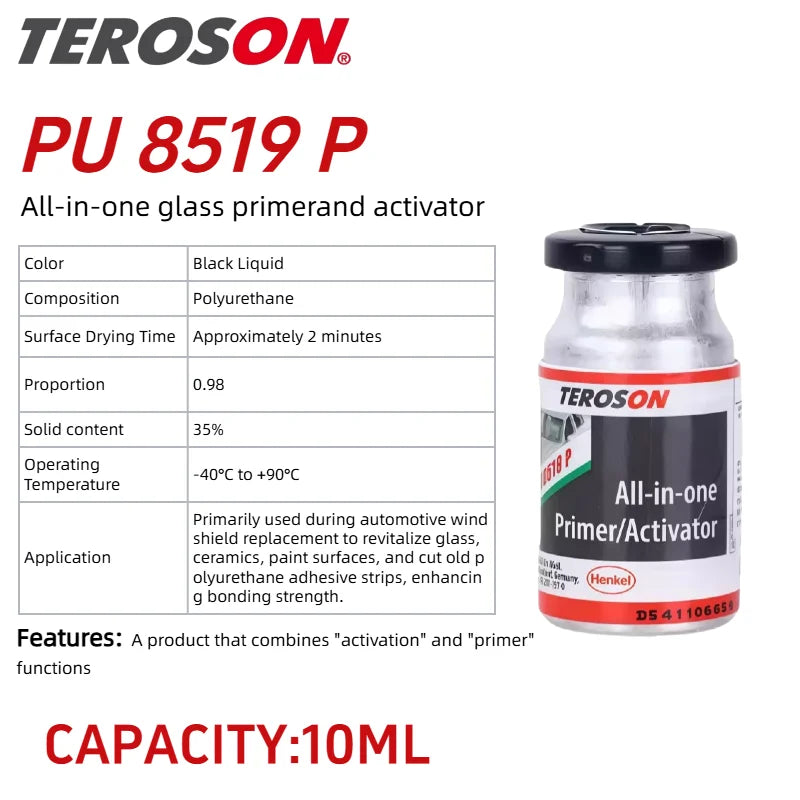TEROSON PU 8519 P 10ML Primer Attivatore 2-in-1 per Parabrezza, Riparazione Vetri Auto, Adesivo Automobilistico a Rapida Asciugatura, Primer PU Nero