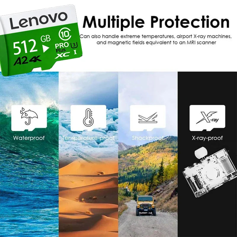 Scheda di memoria ad alta velocità Lenovo, 1 TB, 512 GB, 128 GB, scheda Micro SD TF, per archiviazione video 4K, ideale per action cam, droni e fotocamere digitali.