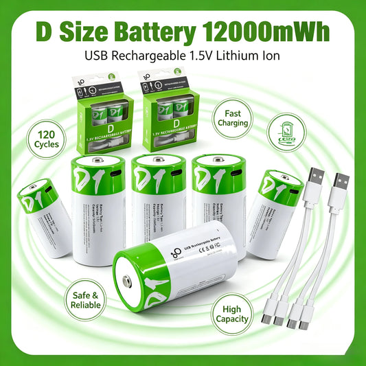 Batteria al Litio Ricaricabile Formato D 1.5V 12000mWh LR20 con Cavo di Ricarica Type-C, per Torce, Fornelli a Gas e Scaldabagni