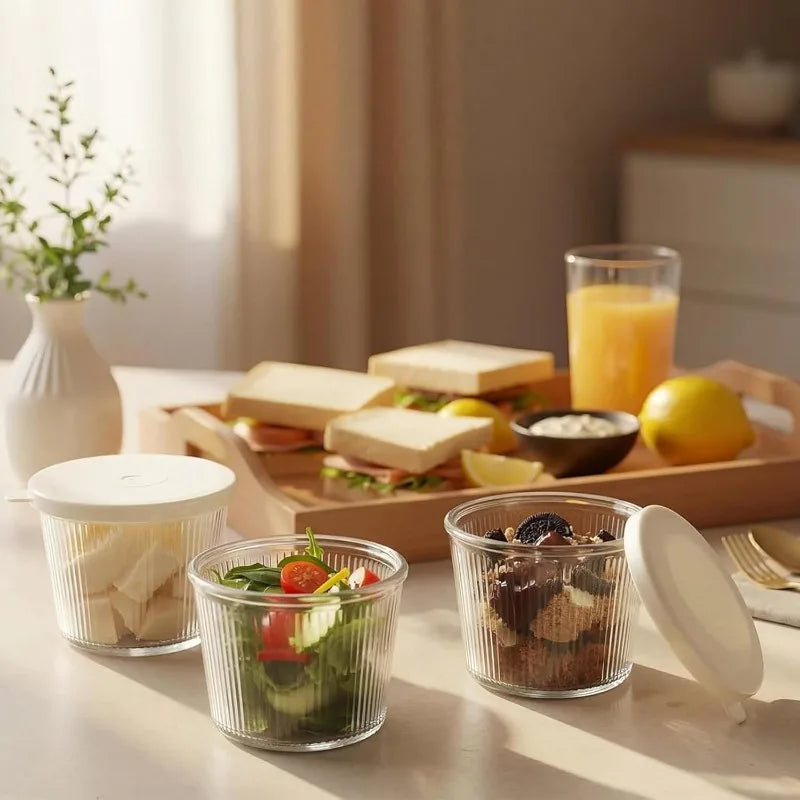 Set di 4/6 Piccole Ciotole in Vetro con Coperchio, Contenitori Impilabili in Vetro Trasparente a Righe per Dessert, Budini, Salse, Salse Piccanti, Noci, Avena, Caramelle, Dolciumi