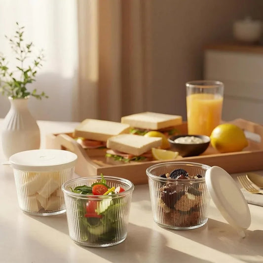 Set di 4/6 Piccole Ciotole in Vetro con Coperchio, Contenitori Impilabili in Vetro Trasparente a Righe per Dessert, Budini, Salse, Salse Piccanti, Noci, Avena, Caramelle, Dolciumi