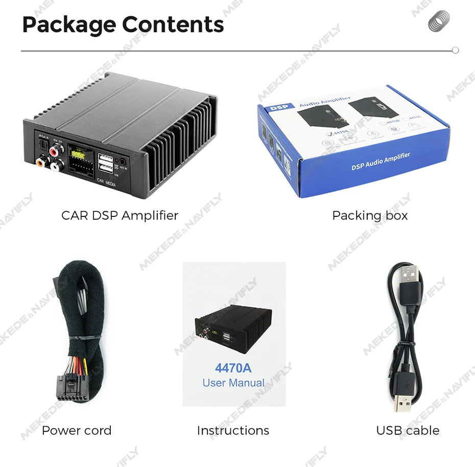 Amplificatore DSP per auto MEKEDE 4*80 W, compatibile con autoradio Android, regolazione EQ tramite app, plug-and-play, supporto fibra ottica/coassiale/AUX/RCA/USB