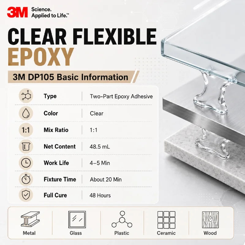 Adesivo Epossidico Trasparente Originale 3M DP105 Scotch-Weld, Colla Strutturale Flessibile a Presa Rapida per Metallo, Vetro, Plastica, 48,5ml