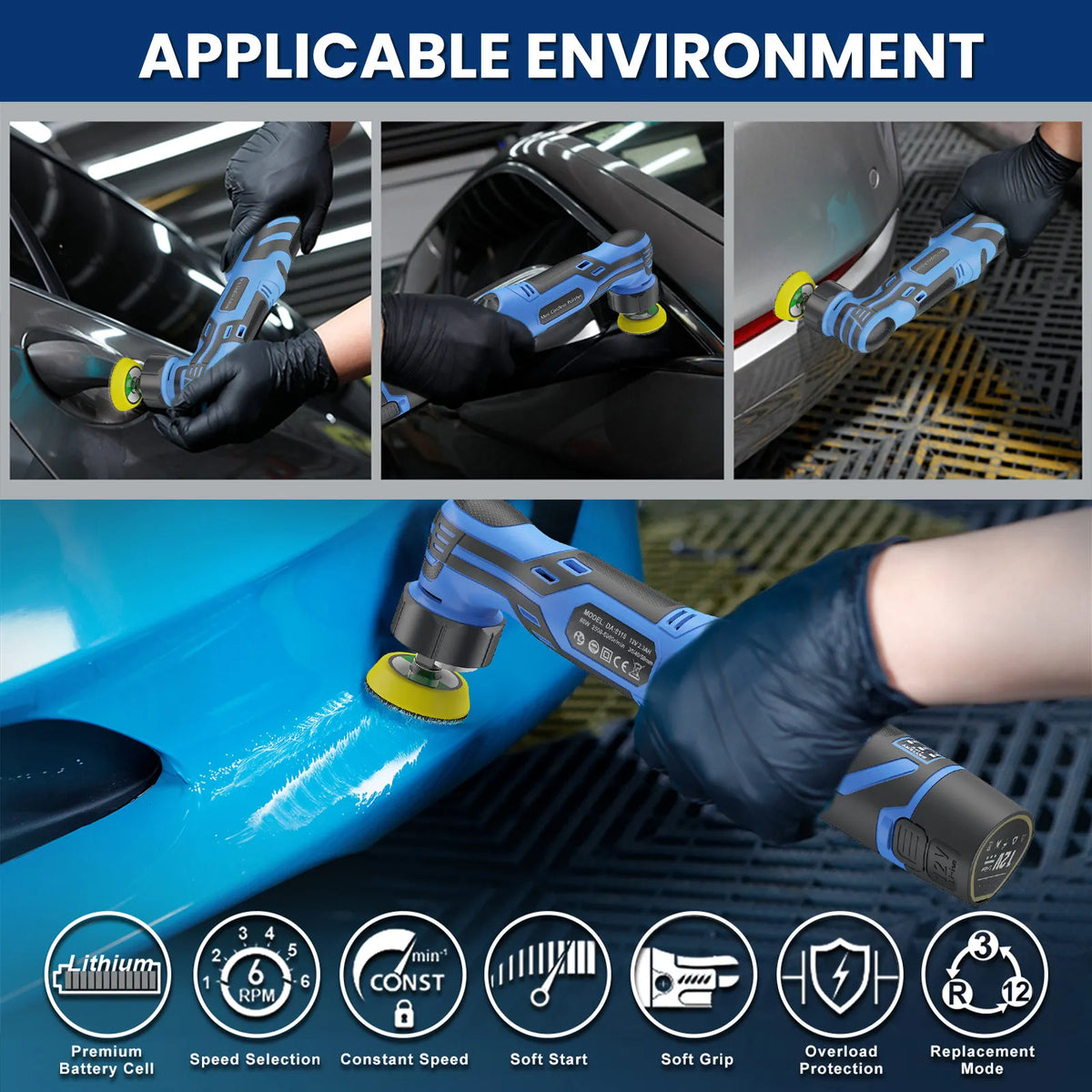 Lucidatrice per auto portatile a batteria 12V, con doppia modalità di funzionamento (rotazione e oscillazione), dotata di kit di tamponi da 1/1,5/2 pollici, strumento elettrico senza fili per la cura e la lucidatura dell’a