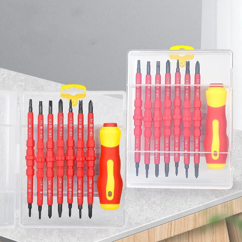 Kit di Attrezzi per Elettricisti 15 Pezzi, Set di Cacciaviti Isolati 1000V con Punte Magnetiche Piatte, Phillips, Pozidriv e Torx