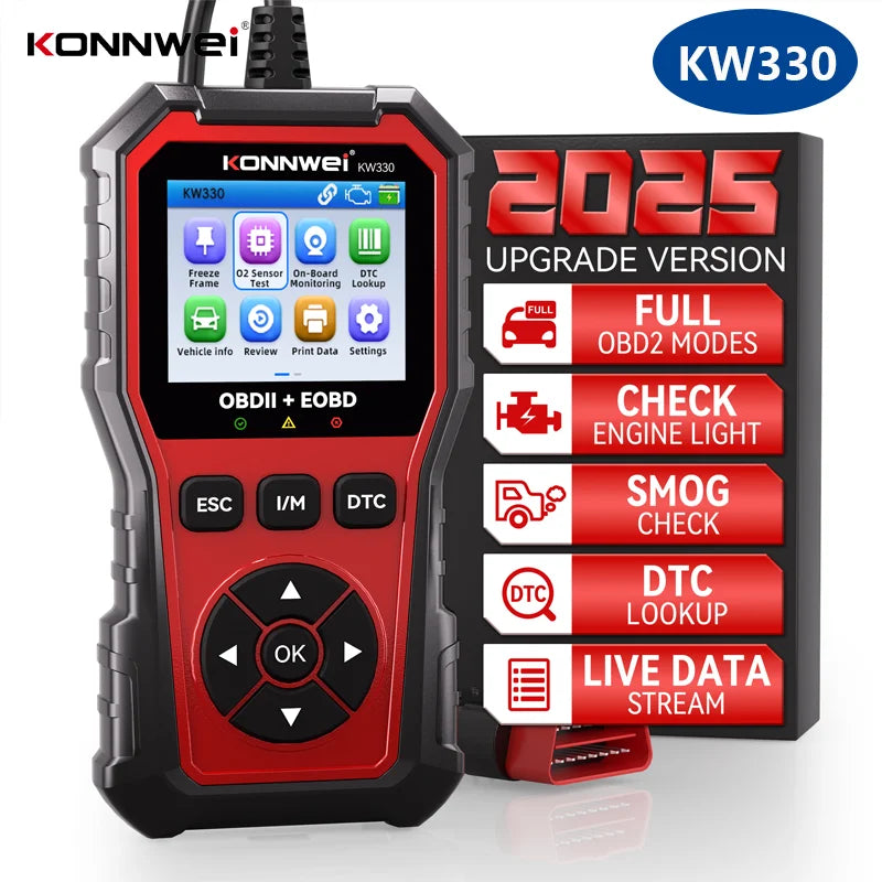 2026 KONNWEI KW330 Auto OBD2 Scanner di guasti Test della batteria del motore Codice di guasto Trasparente Dati in tempo reale Strumento di ispezione OBD professionale