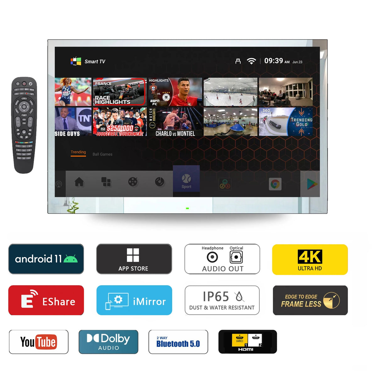 Souria 32' 4K UHD Smart Mirror Android con Schermo Touch Completo, TV LED Impermeabile per Bagno, SPA, Salone, Cucina con Sintonizzatore DTV