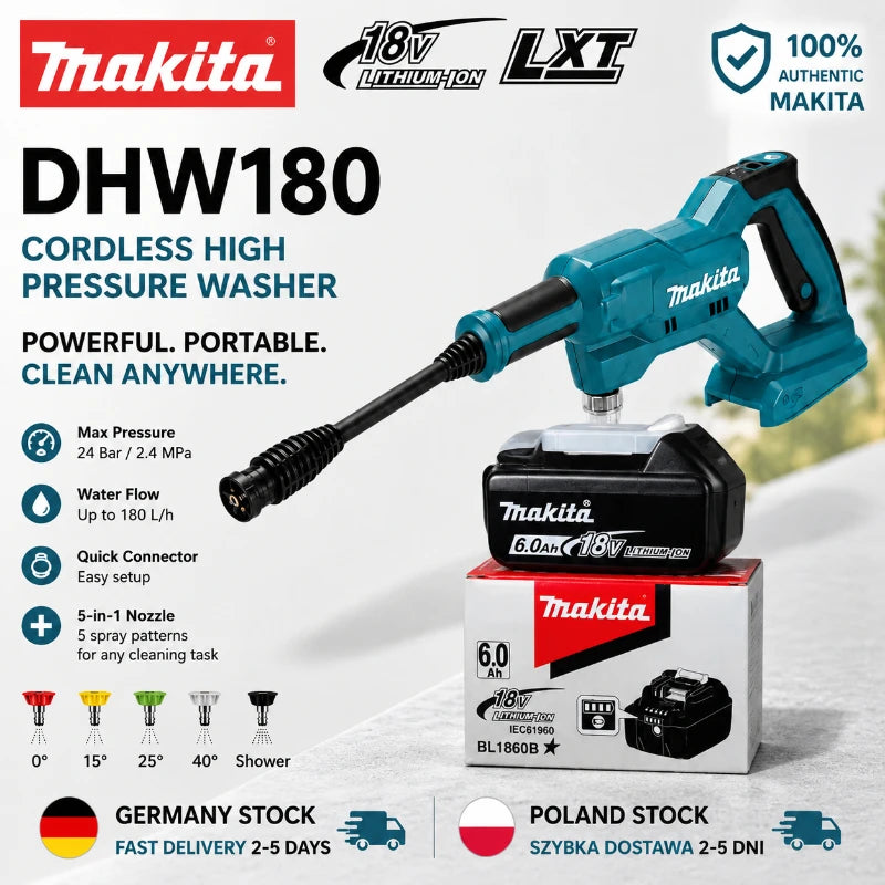 Idropulitrice Portatile a Batteria Makita DHW180 18V per Auto, Moto, Giardino e Patio - Compatibile con Batterie Makita 18V - Disponibilità EU
