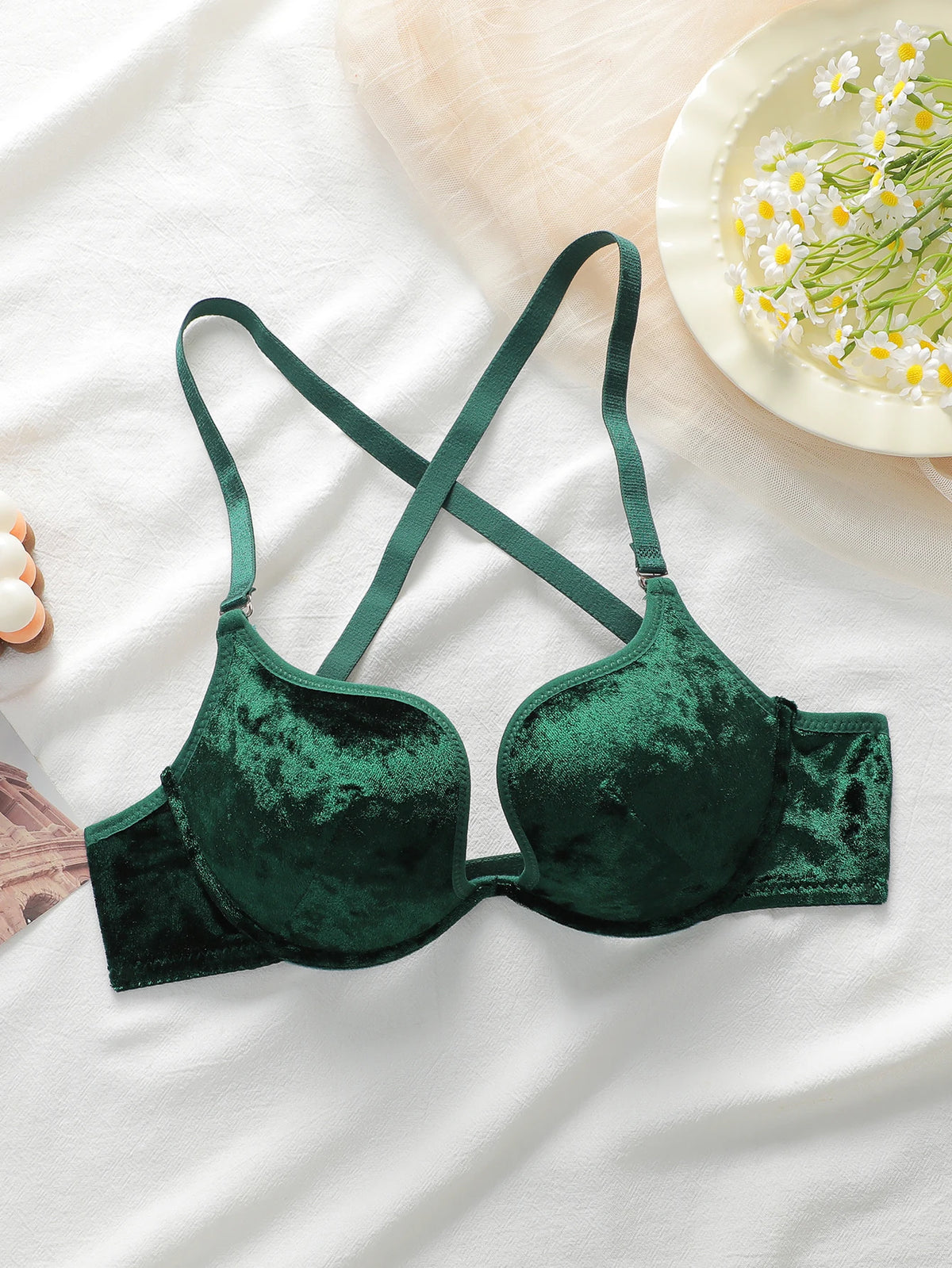 Reggiseno push-up in velluto effetto stropicciato, con scollatura profonda a forma di U, spalline incrociate sul retro, ferretto, lingerie sexy, modello L3035.