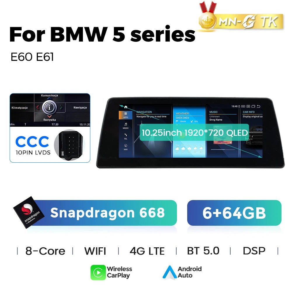 Mekede 10.25/12.3 pollici QLED Android 14 Snapdragon 128GB ROM CarPlay Wireless Auto Multimedia per BMW Serie 5 E60 E61 E62 E63 E64 Sistema CCC CIC Navigazione GPS Doppio BT 4G WiFi DSP