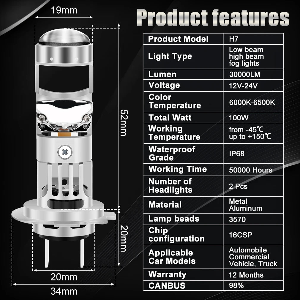XSTORM H7 Lente per proiettore a LED 100W 30000LM doppia lente H7 Faro Canbus Auto H4 Lampadine a LED Turbo Lampada Luci per moto 