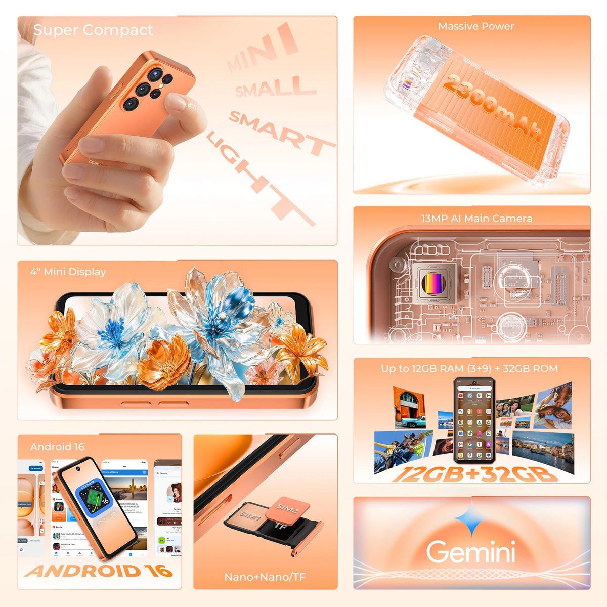 OUKITEL C26, smartphone mini, display ultra compatto da 4 pollici, fino a 12 GB di RAM (3+9) + 32 GB di ROM, batteria da 2300 mAh, Android 16, Gemini AI, piccolo telefono cellulare da tasca, leggero e sempre connesso.
