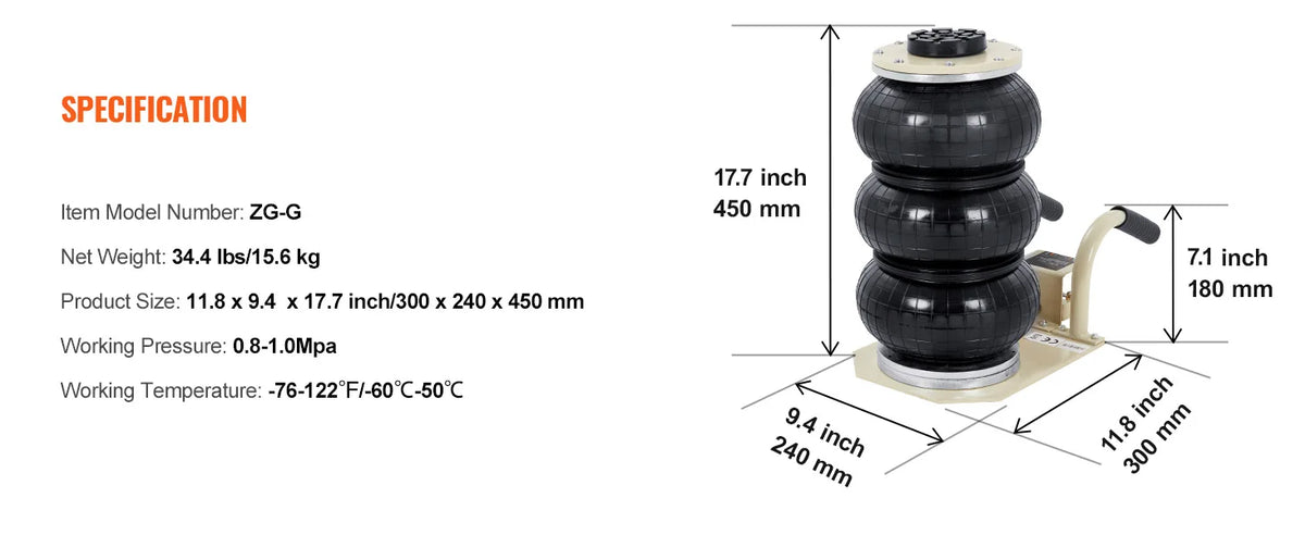 SucceBuy Martinetto pneumatico a tripla borsa, capacità di 3 tonnellate/6600 libbre, jack per auto pneumatici portatili, resistenti e sollevataggio rapido per la riparazione di auto da garage